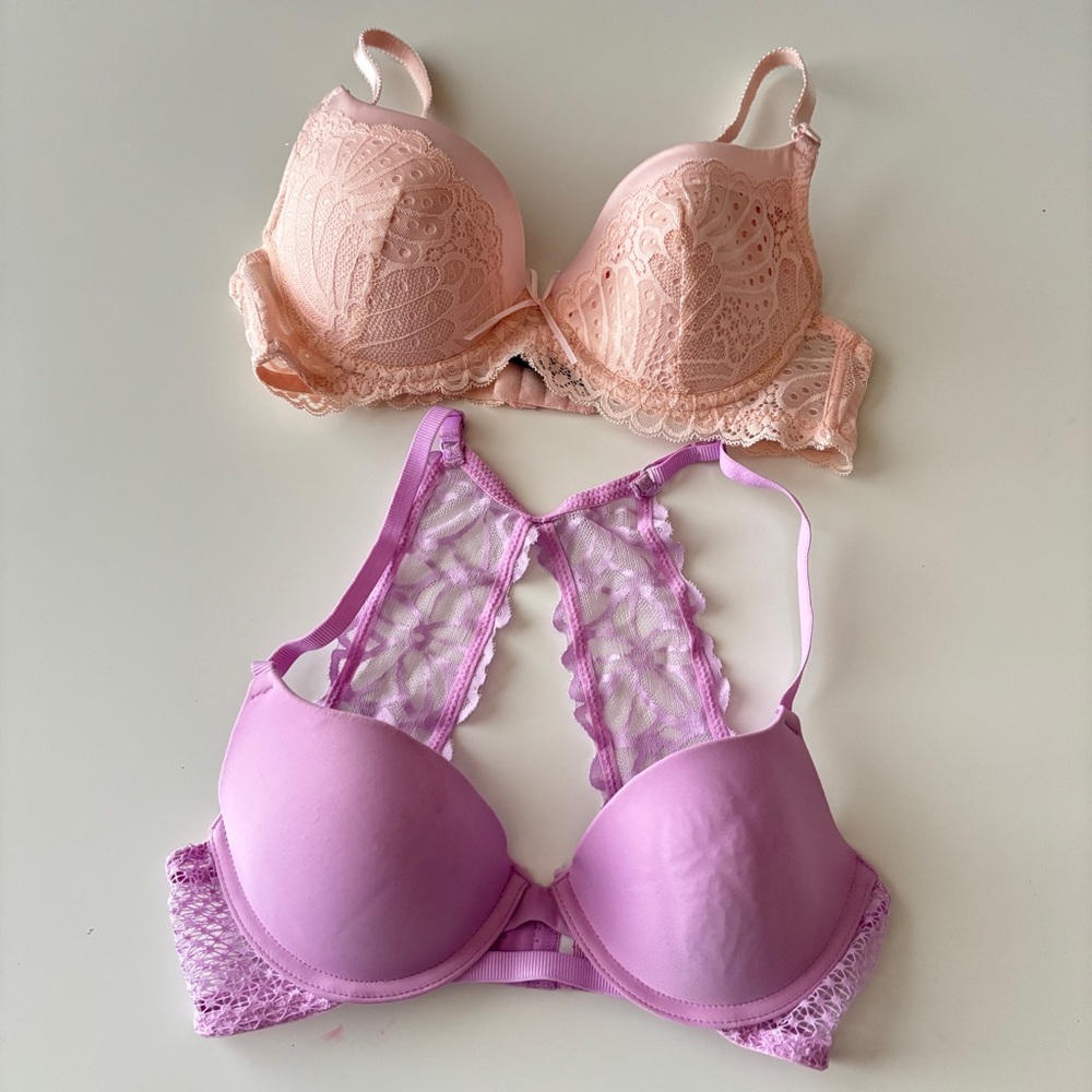 Lace Push-Up Bra Set - 34B - Peach and Lavender